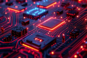 Obraz premium Glowing warning symbols on a dark digital circuit, Cybersecurity, Red and Blue, HighResolution