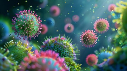 Closeup of viruses and bacteria under a microscope, Microbiology, Green and Pink, High Detail