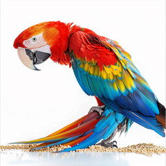 Obraz premium A bright full-length macaw parrot pecking at grain on a pristine white background