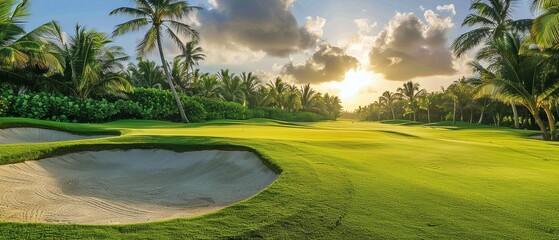 Tropical golf course with palm trees and sand 