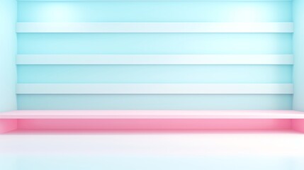 Minimalistic pastel-colored interior with shelves and seating. Ideal for modern decor, retail design, or product showcases.