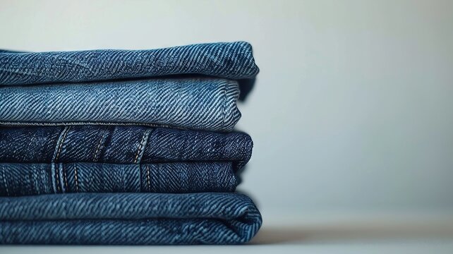 Folded blue denim jeans stacked in a neat pile