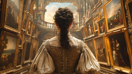  A serene scene showing the back of an adult woman gazing at paintings in a historic museum gallery.