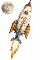 Le Bitcoin s'envole vers la lune, fusée avec le signe bitcoin, dessin sur les cryptomonnaies, ia générative