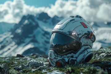 Fototapeta premium Scifi soldier helmet with a mountainous landscape in the background, Futuristic, Realistic, HighResolution