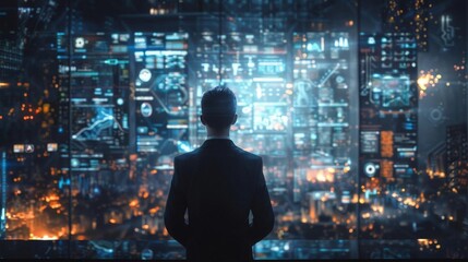 Businessman analyzing data on holographic screens, Futuristic, Blue Tones, HighResolution