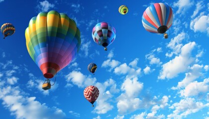 Fototapeta premium Rainbow Delight: A Spectacular Display of Colorful Hot Air Balloons Soaring High in the Beautiful Bl