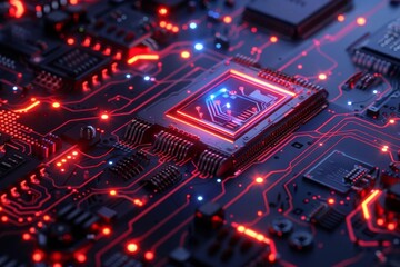 Fototapeta premium Futuristic motherboard with glowing circuits and central processing unit, showcasing advanced technology and electronic components.