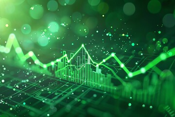 Green financial graph data and binary code background, representing stock market trends, business growth, and digital technology.