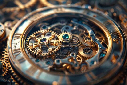 Intricate close-up of antique clock gears and cogs in a vintage timepiece, showcasing the detailed mechanics and engineering.