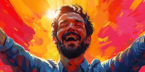 Elated Man Enthusiastically Embracing New Career Opportunity with Vibrant Cartoon-Inspired Aesthetic