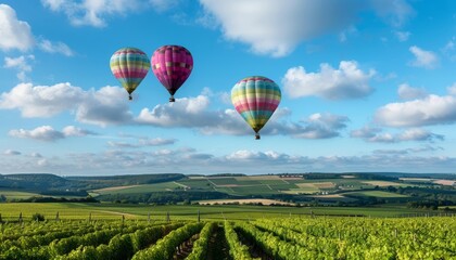 Fototapeta premium Vibrant Hot Air Balloons Soaring above Champagne Vineyards in Montagne de Reims, France