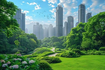 Vibrant cityscape with lush green park in the foreground, Futuristic, Green and Blue