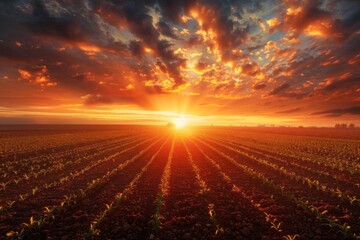 Stunning sunrise over a vast agricultural field with dramatic clouds and vibrant colors, depicting serenity and natural beauty at dawn.