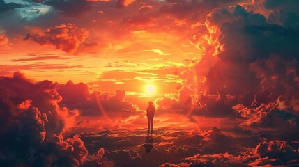 Stunning sunset view with a lone figure surrounded by dramatic clouds. Vibrant colors and serene atmosphere create a breathtaking scene.