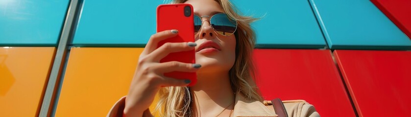 Woman taking a selfie with a stylish phone case, Modern, Bright Colors, HighResolution