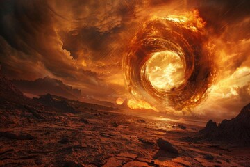 Fiery eye of a storm in a dramatic landscape, Apocalyptic, Warm Tones, HighResolution