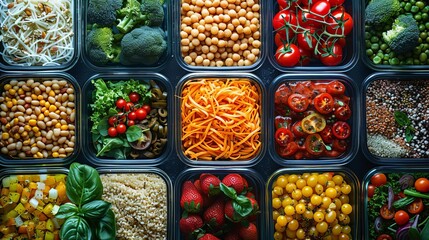 Assorted healthy meals in containers, top view, Nutritious, Vibrant Colors, HighResolution