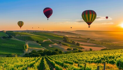 Fototapeta premium Champagne Dreams: Spectacular Sunset Hot Air Balloon Flight over Montagne de Reims, France