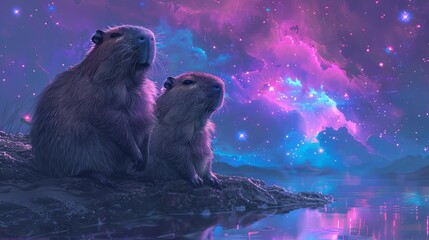 Two capybaras sit on a rock under a stunning, vibrant galaxy-filled sky, creating a dreamy and surreal nature scene by the water.