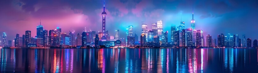 Fototapeta premium Vibrant and colorful city skyline at dusk reflecting on water, showcasing illuminated skyscrapers and urban nightlife with neon lights.