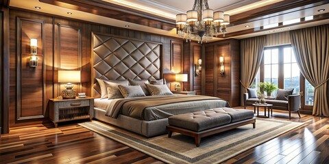 Luxurious bedroom with wooden walls, floor, and king size bed, adorned with personal accessories , luxury, bedroom, interior design, wooden, walls, floor, king size bed