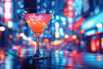 Futuristic cocktail with neon lights and holographic elements, SciFi, Bright Colors, HighResolution