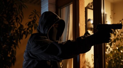 Fototapeta premium A criminal robber in dark clothing and a mask, attempting to break into a home at night