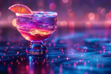 Futuristic cocktail with neon lights and holographic elements, SciFi, Bright Colors, HighResolution