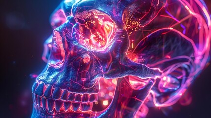 Digital Xray of a skull with vibrant neon colors, Medical, Neon, HighResolution