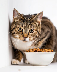 A cat peeping from the corner, eyeing a bowl of food with curiosity, on an isolated white background