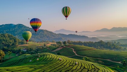 Fototapeta premium A Brightly Colored Sky: Hot Air Ballooning over Choui Fong Green Tea Plantation