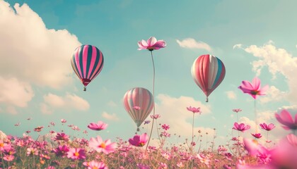 Magical Flight: Hot Air Balloons Soaring above a Cosmos Flower Field in Vintage Filter Style