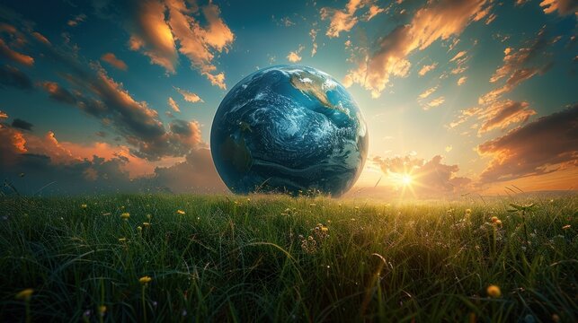 A real-world globe dominates a lush field under clear skies, blending nature with global imagery