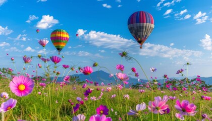 Obraz premium Up, up, and away: a breathtaking view of hot air balloons soaring over a sea of colorful Cosmos flow