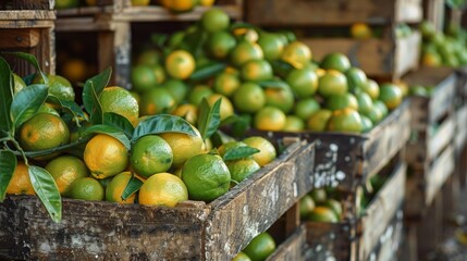 Stacks of wooden crates filled with fresh bergamot fruits, vibrant green leaves peeking out, in a rustic warehouse