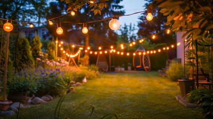 Fototapeta premium backyard of a house decorated with glowing garlands