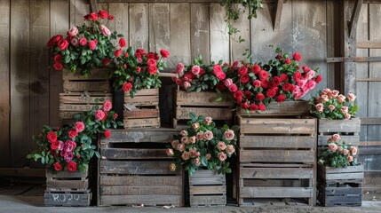 Fototapeta premium Rustic crates overflowing with roses, stacked and ready for dispatch in a raw, minimalist setting