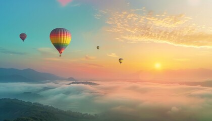 Fototapeta premium Sunrise Spectacle: Hot Air Balloons Soaring over Misty Mountains