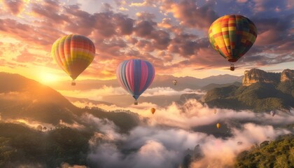 Obraz premium Rainbow Skies: Sunrise Spectacle of Hot Air Balloons Over Mountain and Fog-Covered Sea