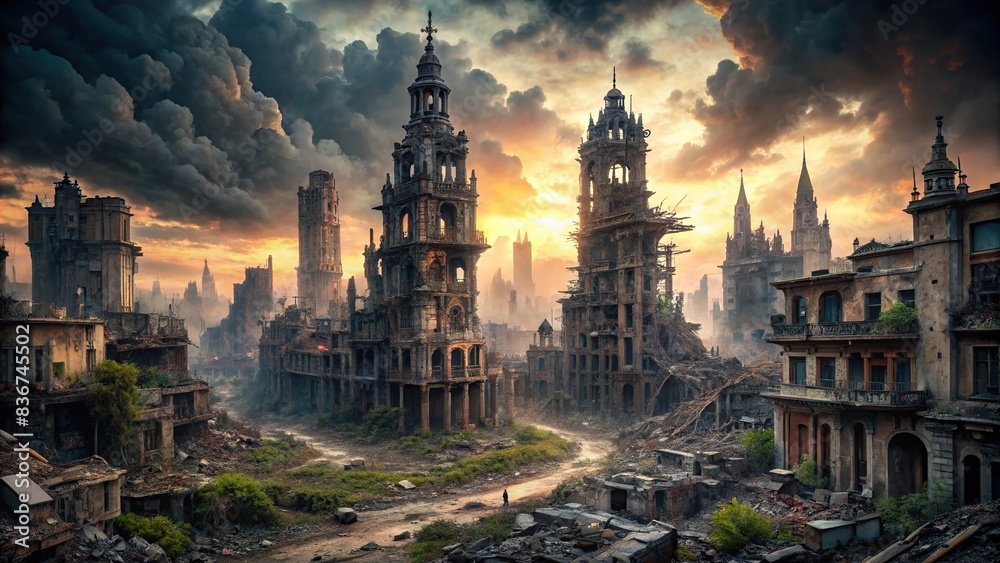 Wall mural a haunting view of post-apocalyptic ruins in a devastated city , urban decay, abandoned, destruction - Wall murals