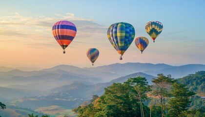 Fototapeta premium Vibrant Balloons Soaring above Doi Inthanon: A Colorful Spectacle in Chiang Mai, Thailand