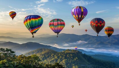 Naklejka premium Spectacular Sight: Vibrant Hot Air Balloons Soar over Doi Inthanon in Chiang Mai, Thailand