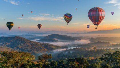 Fototapeta premium Rainbow of Dreams: Hot Air Balloons Soar Over Huai Nam Dang National Park at Sunrise in Chiang Mai,