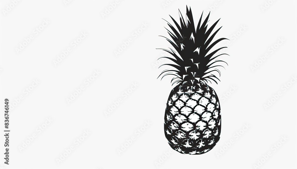 Wall mural Simple, clear and beautiful arts and crafts artisanal stencil print style illustration of pineapple fruit isolated on white background. Stencilled graphic design, modern, minimalist, black and white