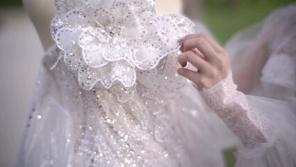 the bride touching the wedding gown