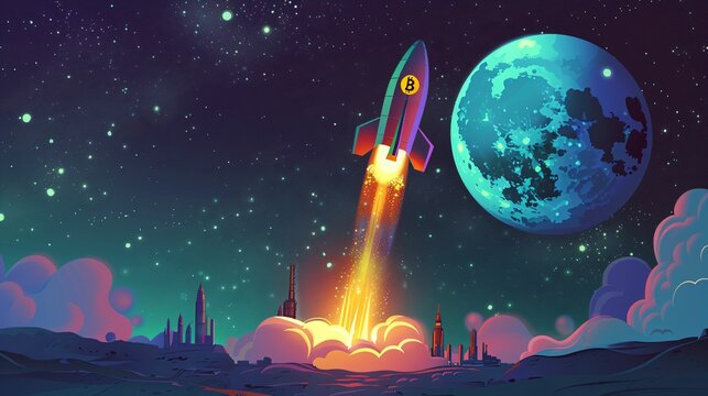 Fus&eacute;e bitcoin qui s'envole vers la lune, cryptomonnaies et argent, ia g&eacute;n&eacute;rative