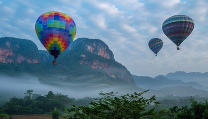Fototapeta premium Vibrant Hot Air Balloons Soaring Over Majestic Mountains in Phu Langka National Park, Thailand