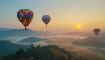 Vibrant Sunrise: Hot Air Balloons Soar over Phu Chee Fah Mountain in Chiang Rai, Thailand