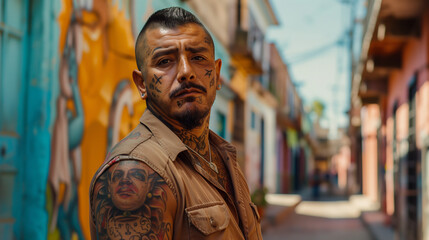 A criminal portrait in a Mexican background